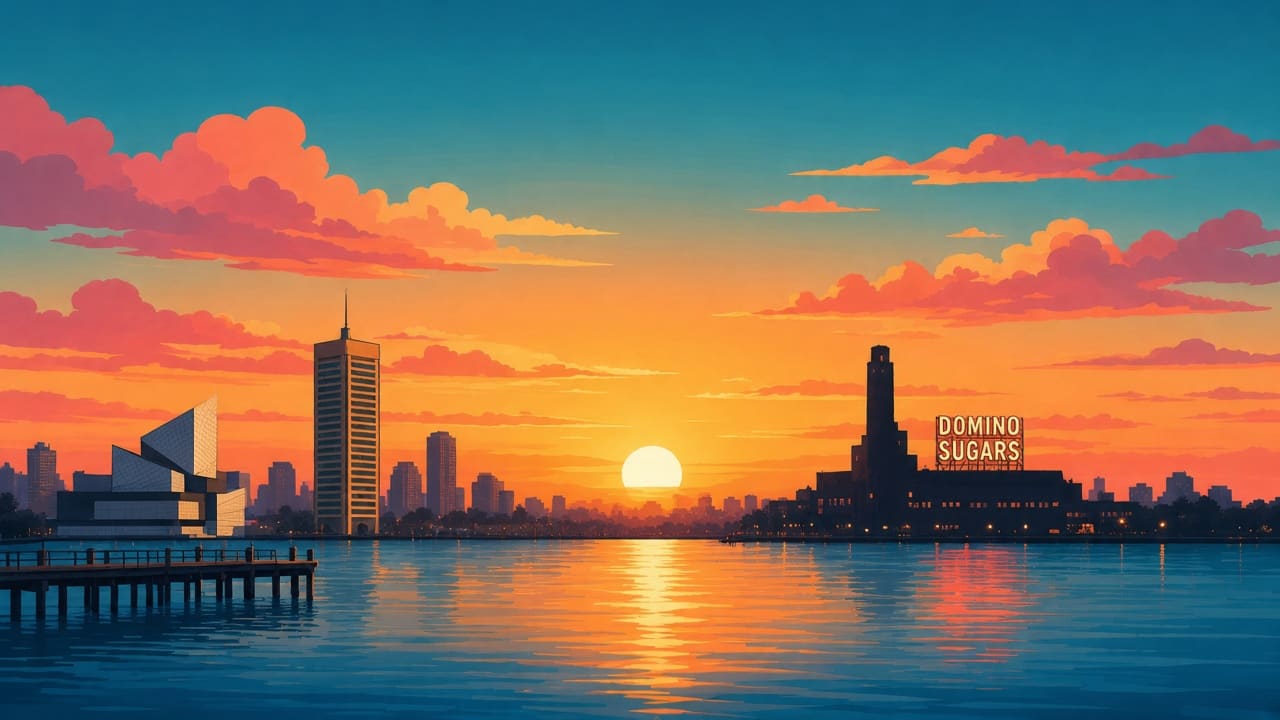 Painted Baltimore harbor at sunset, with the World Trade Center, National Aquarium, and Domino Sugars.